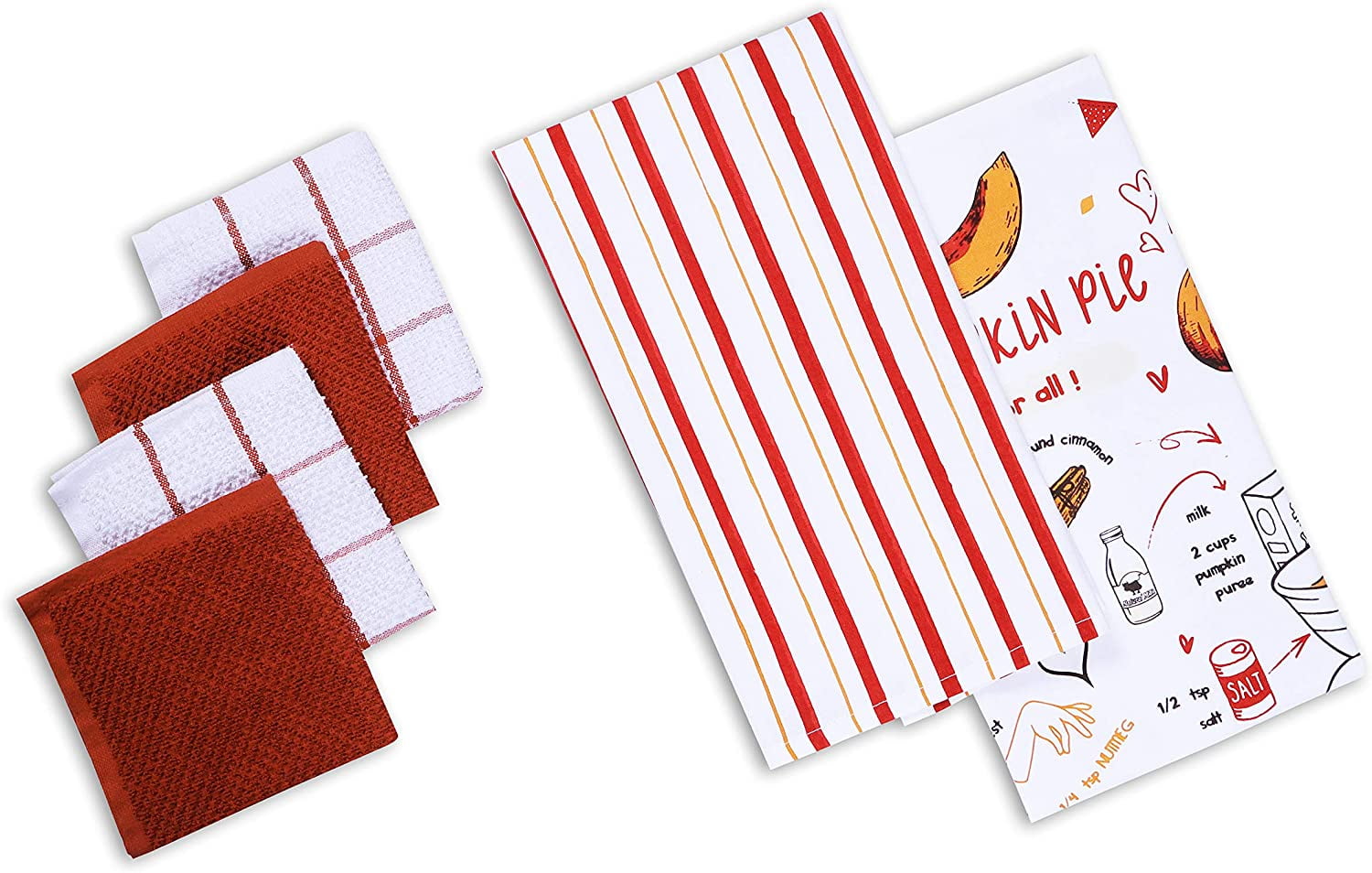 Rust 28” x 18” AMOUR INFINI Pumpkin Pie 6 Pack Kitchen Set | 100% Cotton Machine Washable 2 Decorative Kitchen Towels and 4 Terry Dishcloths 12” x 12” Super-Soft and Ultra Absorbent 