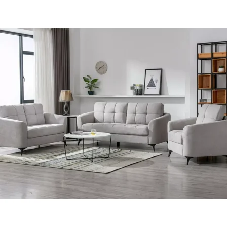 Modern Sofa Set 3pc Sofa Loveseat Chair Tufted Light Gray Fabric Upholstered Stylish Comfortable Living Room Furniture