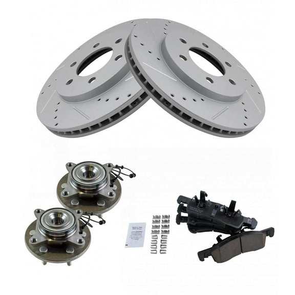 TRQ Front Performance Brake Pad & Rotor Kit Brake Pads Brake Rotors Set Wheel Hub Bearing Assembly Ceramic Premium G-Coated Fits Select 2003-2006 Ford Expedition Lincoln Navigator