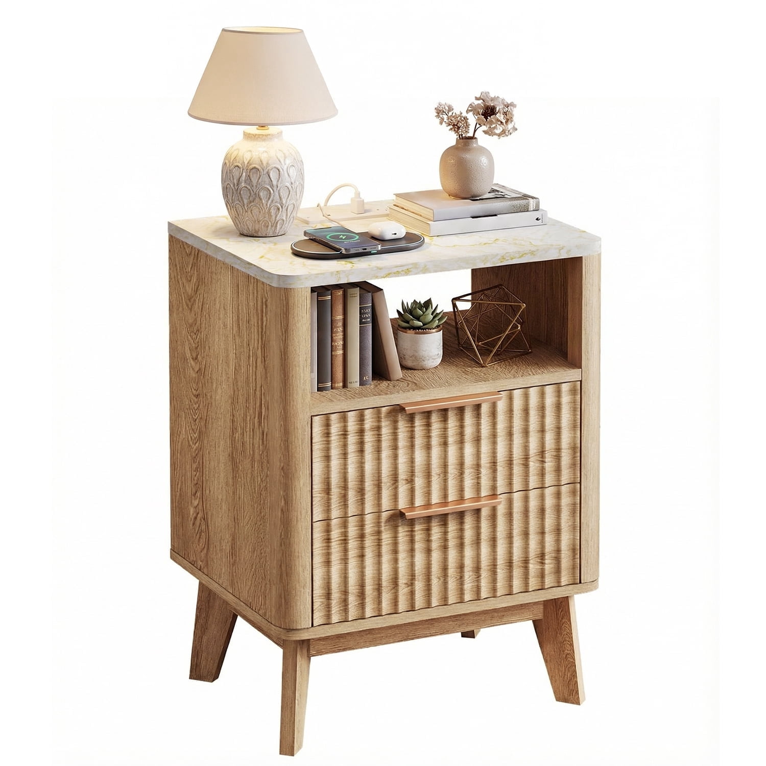 TOMNK Nightstand with Charging Station, 18" Modern Side Table with Faux Marble Top, 2 Drawers End Table w/Storage, Bedside Table for Bedroom, Living Room, Curved Profile Design, Natural Oak