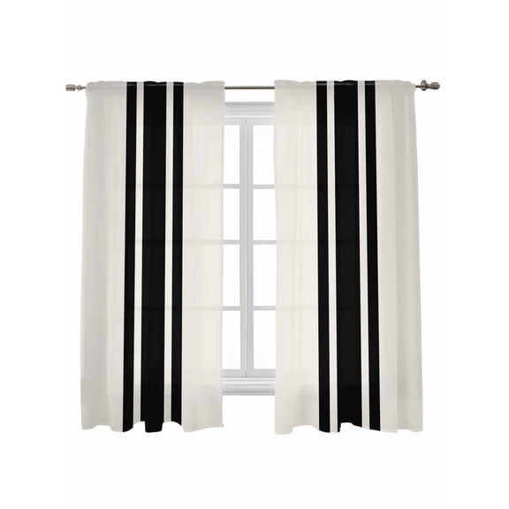 Black Geometric Stripe, Curtains 63 Inch Length, Sheer Curtains for Bedroom Living Room Window Abstract Farmhouse Style Rod Pocket Voile Drapes Kitchen Curtains Small Half Window 42"x63" 2 Panels