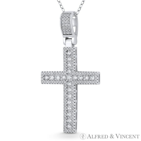 Latin Cross Cubic Zirconia CZ Crystal Pave 48x24mm (1.9x0.9in) Christian Pendant & Chain Necklace in .925 Sterling Silver w/ Rhodium