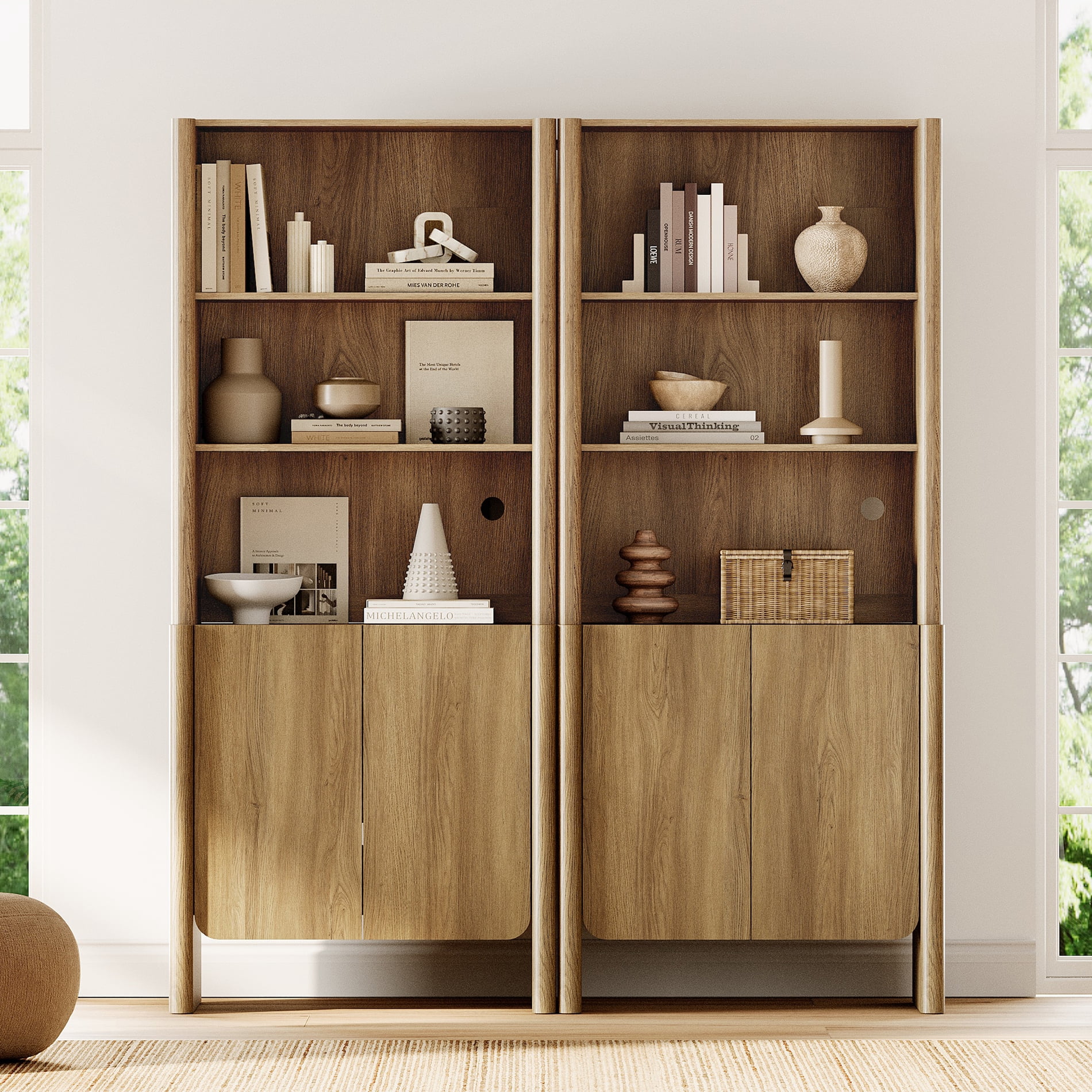 63-Inch Modern French Bookcase with Curved Edges, Doors and Open Shelves, 72.8" Tall, Walnut