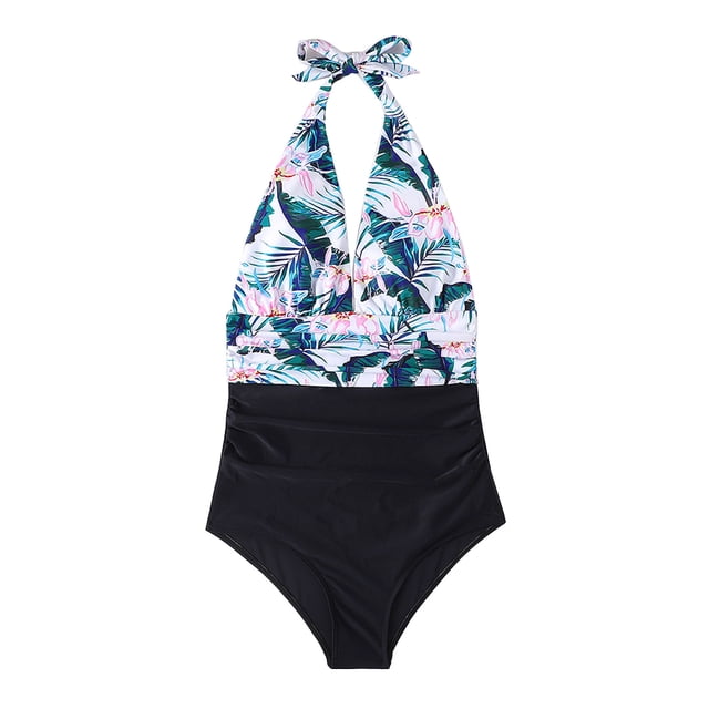 Traje de baño de una pieza para mujer Halter Plunge V cuello sin espalda estampado floral fruncido traje de baño para natación de verano hoja azul M