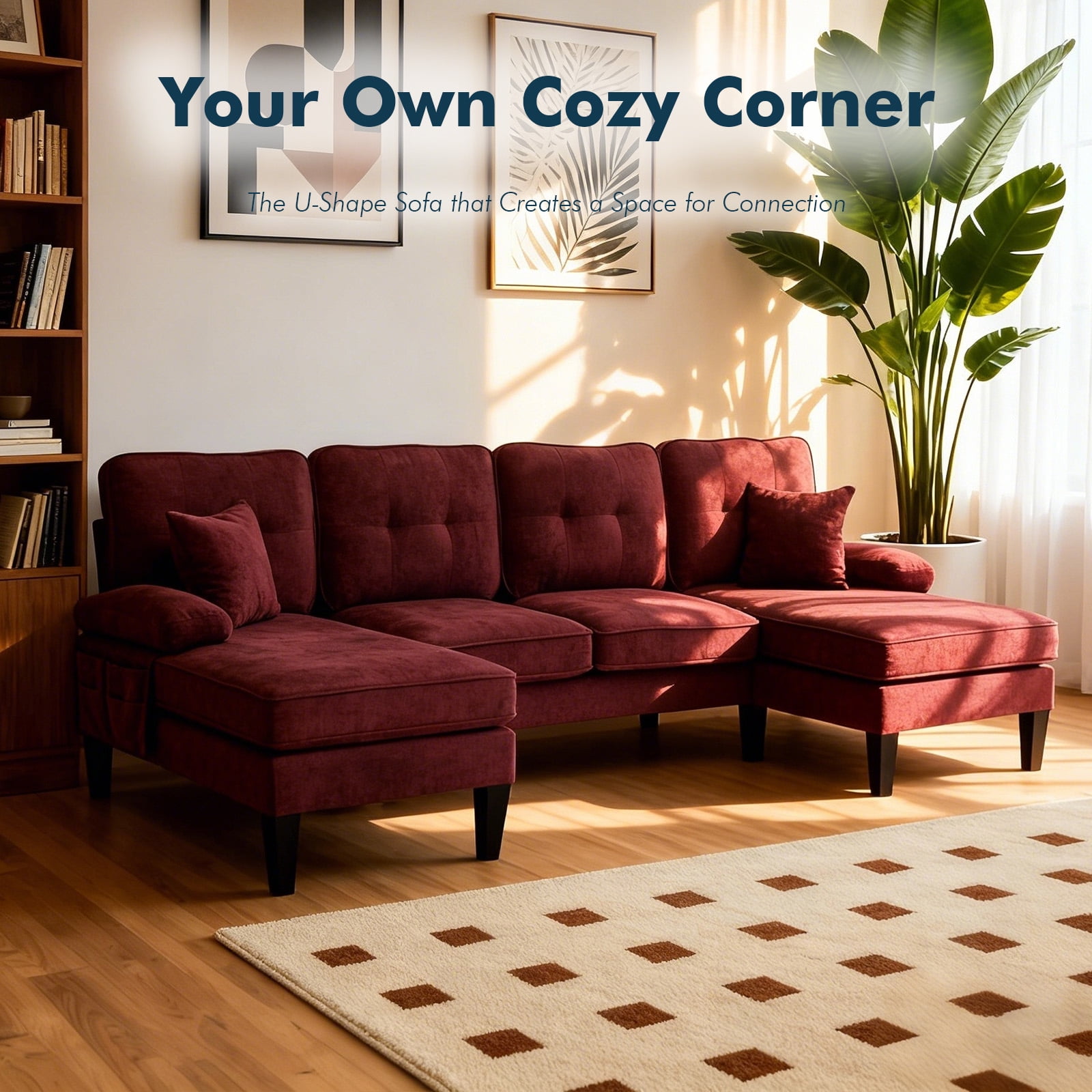 MOONMISS U-shaped Sectional Sofa,sectional Couches With Double Chaise,linen Fabric Couch For Living Room,Wine Red