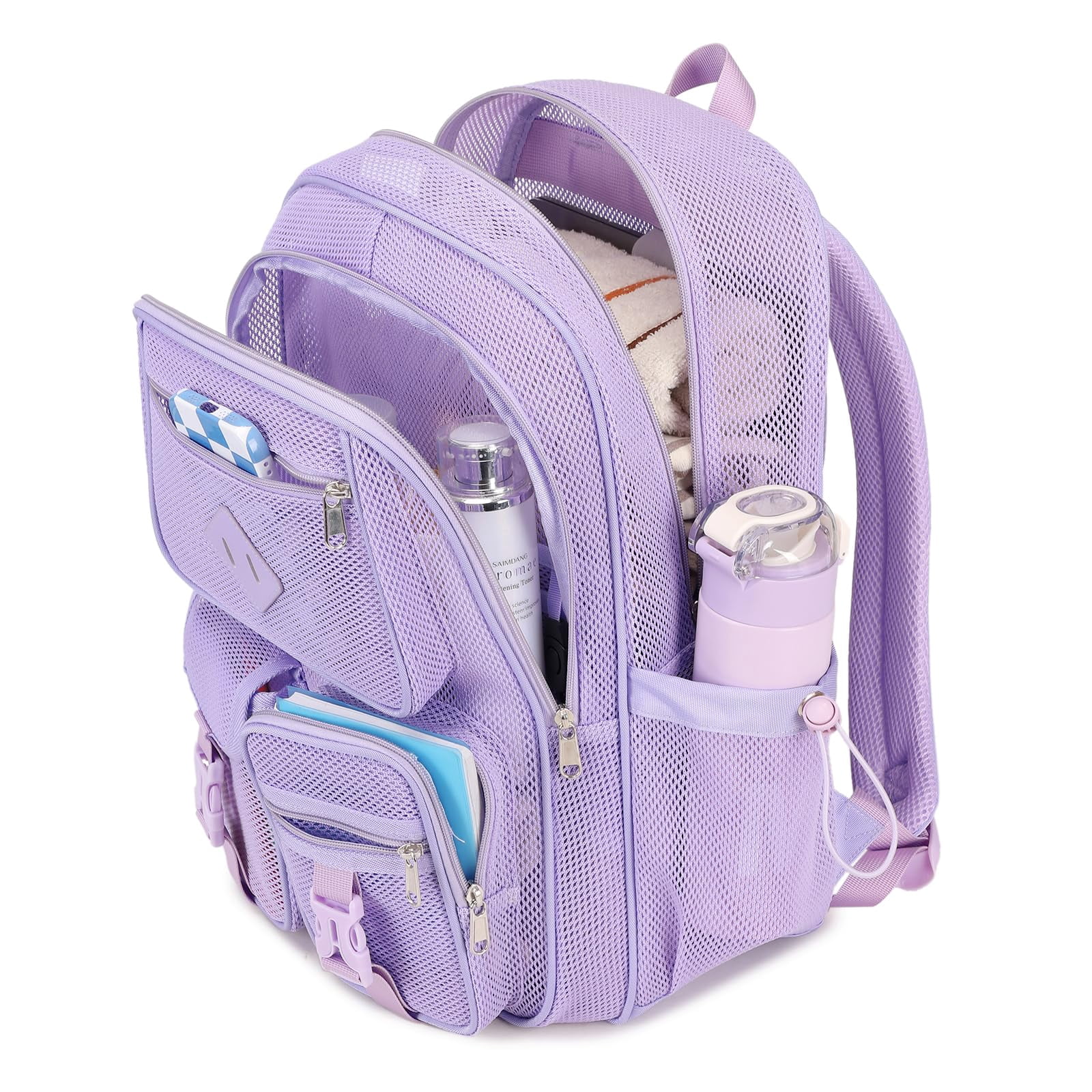 Soda Candy Mesh Backpacks for School Heavy Duty See Through Net Bookbag Semi-Transparent Net Back Pack for Beach, Swimming, Sports, Work, Travel, Pink