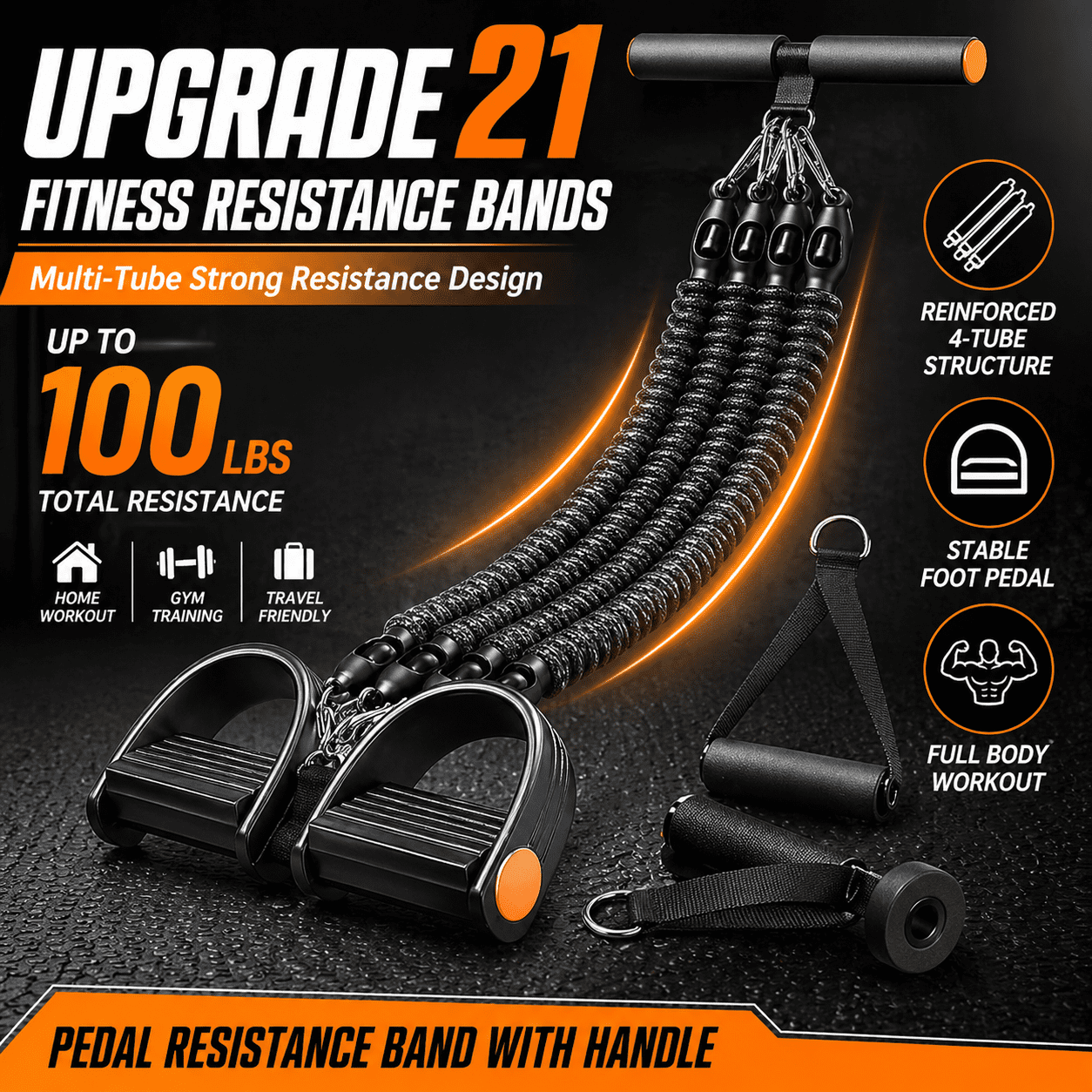 Pedal Resistance Band with Handle, Upgrade 21 Fitness Resistance Bands, Multifunction Home Workout Equipment for Full Body, Core, Leg & Waist Training