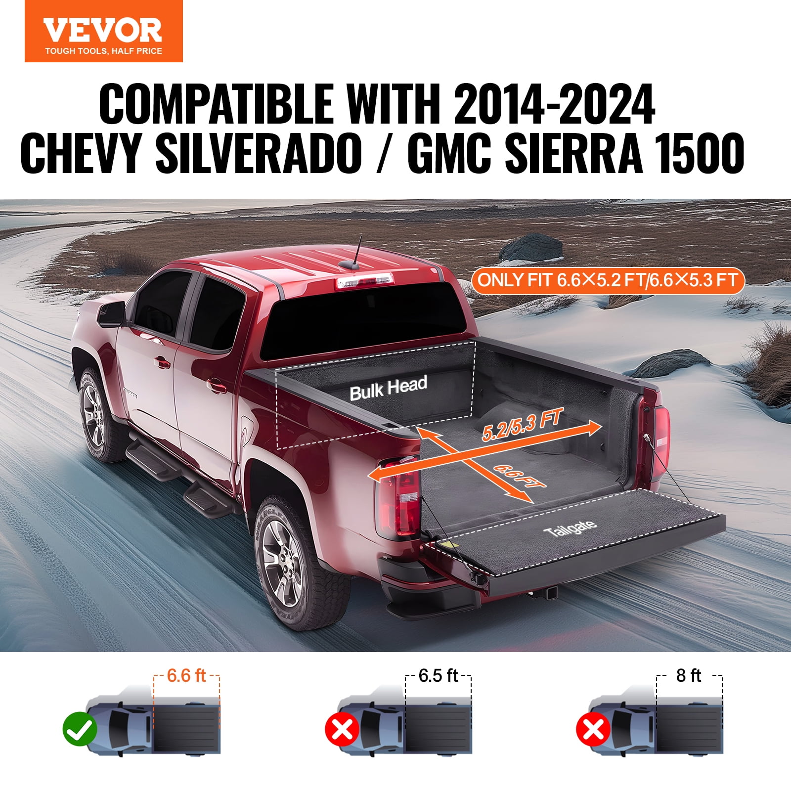 VEVOR Truck Bed Cover, Roll Up Truck Bed Tonneau Cover, Compatible with 2014-2024 Chevy Silverado / GMC Sierra 1500, for 6.6 x 5.2 ft. / 6.6 x 5.3 ft. Bed, Soft PVC material, Roll Up Tonneau Cover