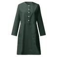 thumbnail image 4 of Ecqkame Cotton Linen Pencil Dress for Women Half Sleeve Button Crewneck Work Dresses Solid Knee Length Midi Dress with Pocket 01-Green XXXXXL, 4 of 5