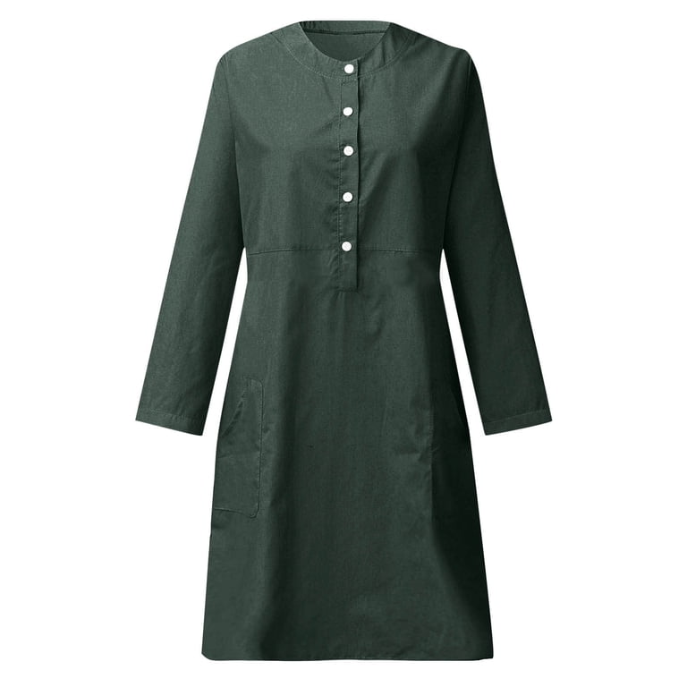 DecSea Wancir Cotton Linen Dress for Older Women Trendy Solid Color Long Sleeve Round Neck Button Knee Length Dresses with Pockets, Adult Unisex, Size DecSea Wancir Cotton Linen Dress for Older Women Trendy Solid Color Long Sleeve Round Neck Button Knee Length Dresses with Pockets, Adult Unisex, Size