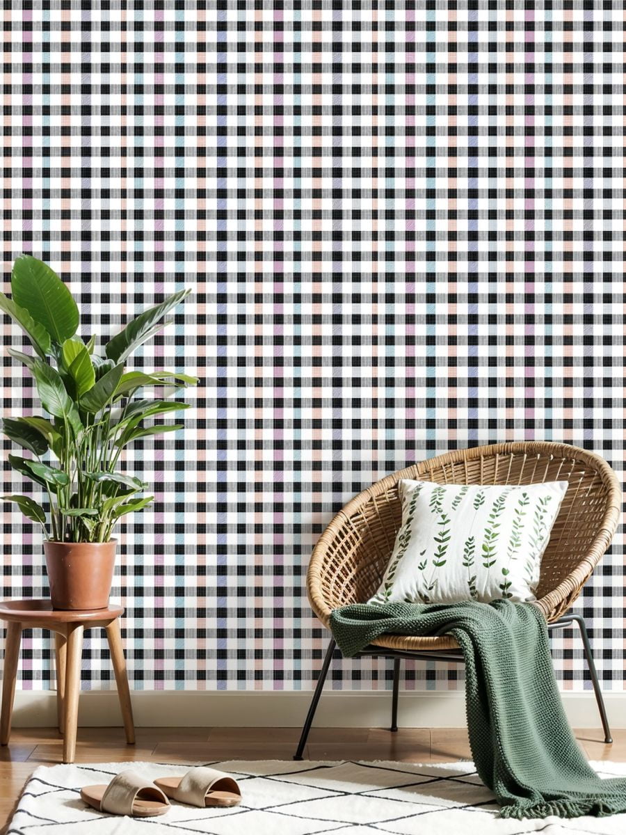 Peel and Stick Wallpaper Plain Black White Grey Gingham Tartan Plaid Wall Mural 17.7in x 9.8ft Self Adhesive Removable Wall Paper Renter Friendly Wallpaper for Bedroom Bathroom