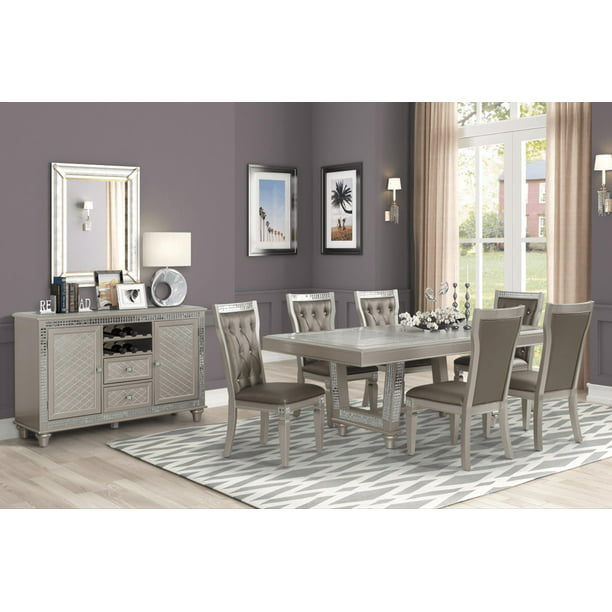 Glam Platinum W Mirror Dining Table Set, Glam Dining Room Set With Bench Seat
