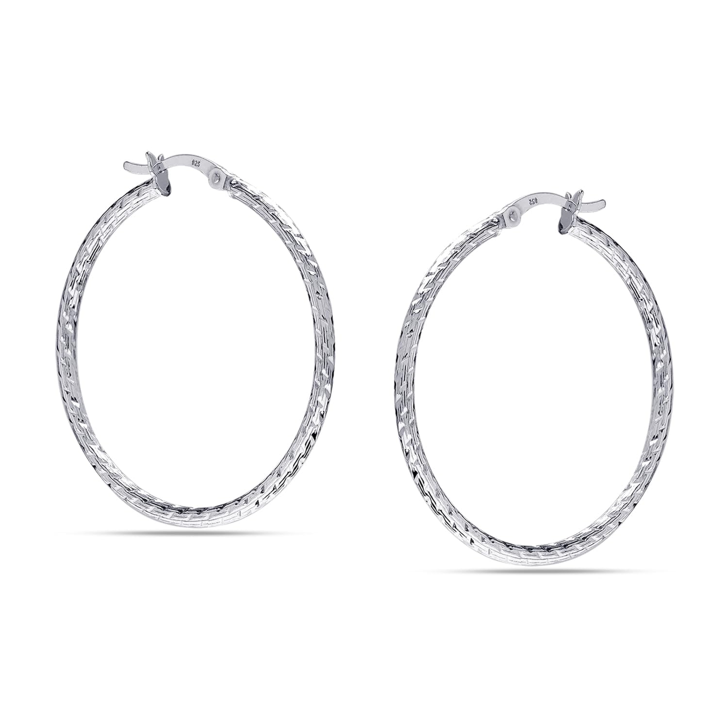 LeCalla 925 Sterling Silver Hoop Earring for Women Diamond-Cut Click-Top Hoop Earring 30MM
