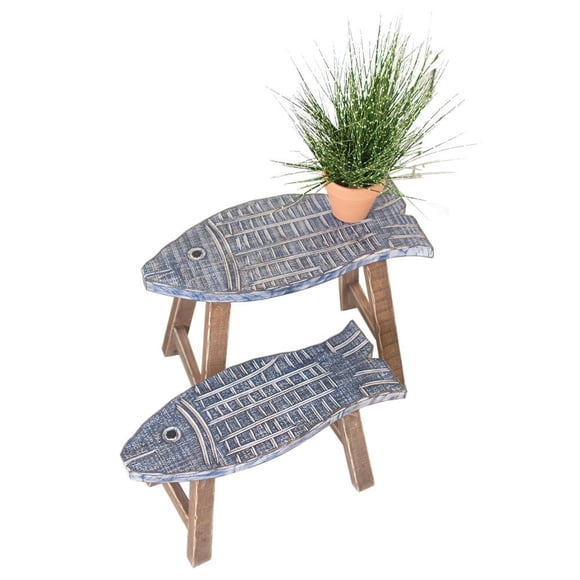 Kalalou CMN1228 Set of Two Wooden Fish Stools, Grey