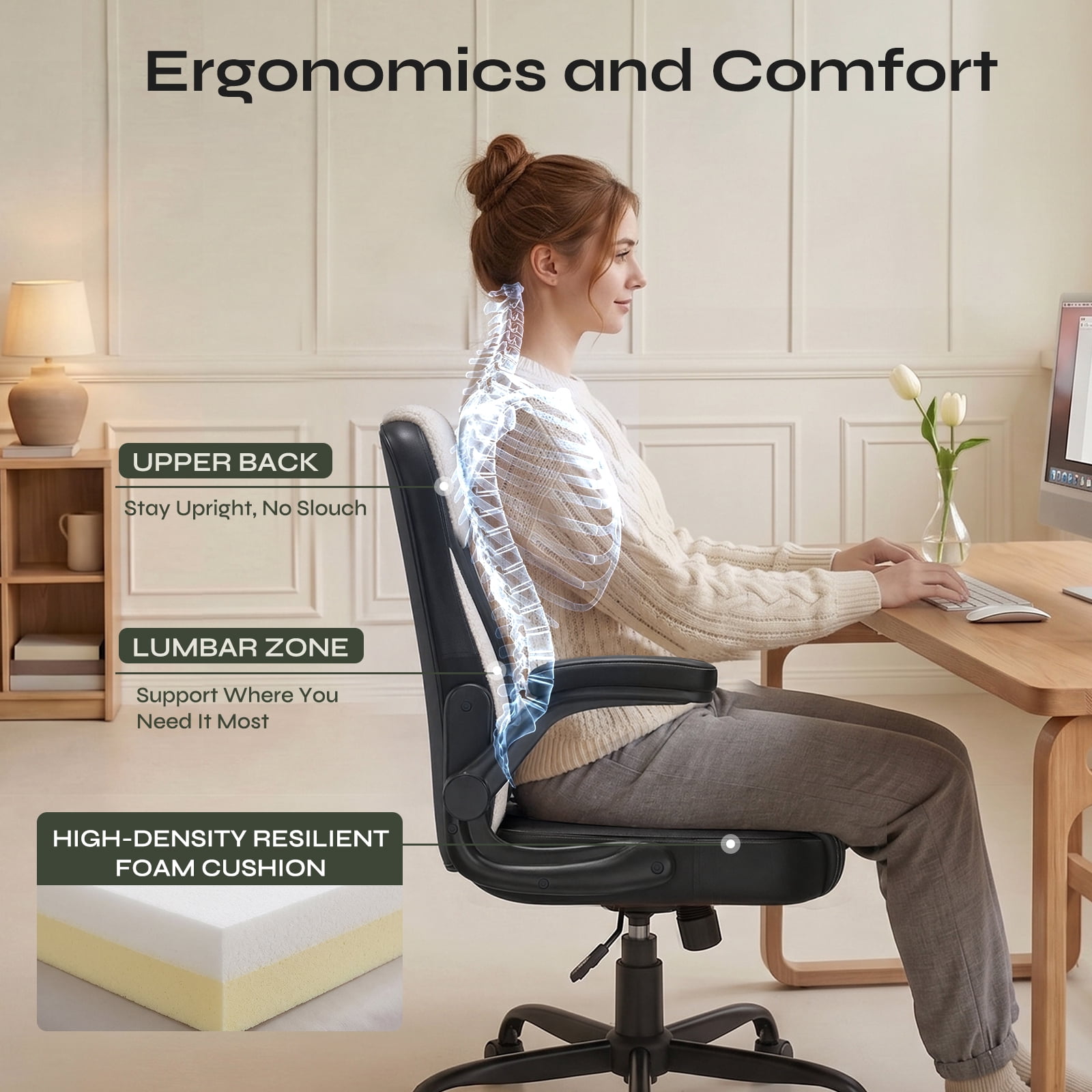 Pinmoco Ergonomic PU Leather Office Chair, High Back Executive Computer Desk Chair with Double-Layer Cushion, Swivel Gaming Chair with Wheels and Flip-Up Armrests, Black White