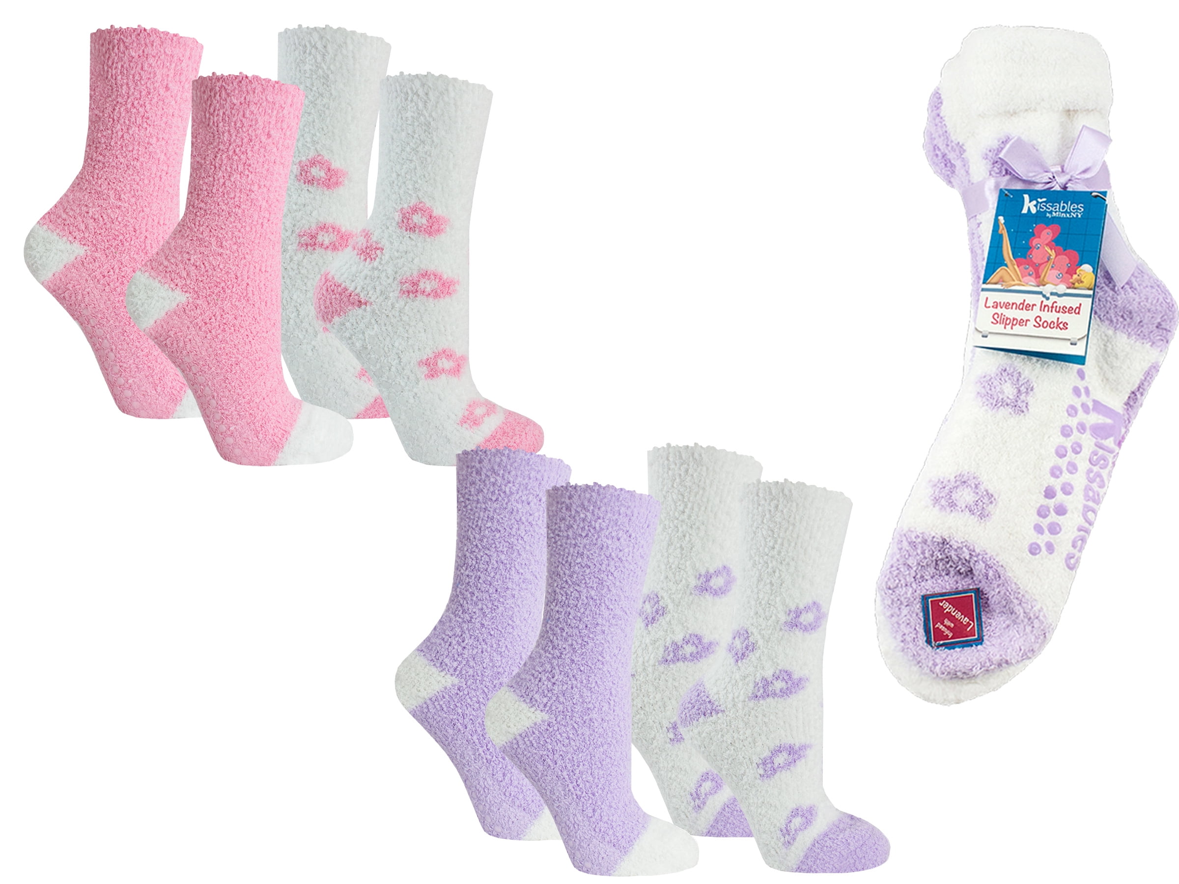 4 Pair Pack "Flower" Lavender Infused Slipper Socks By Minx NY