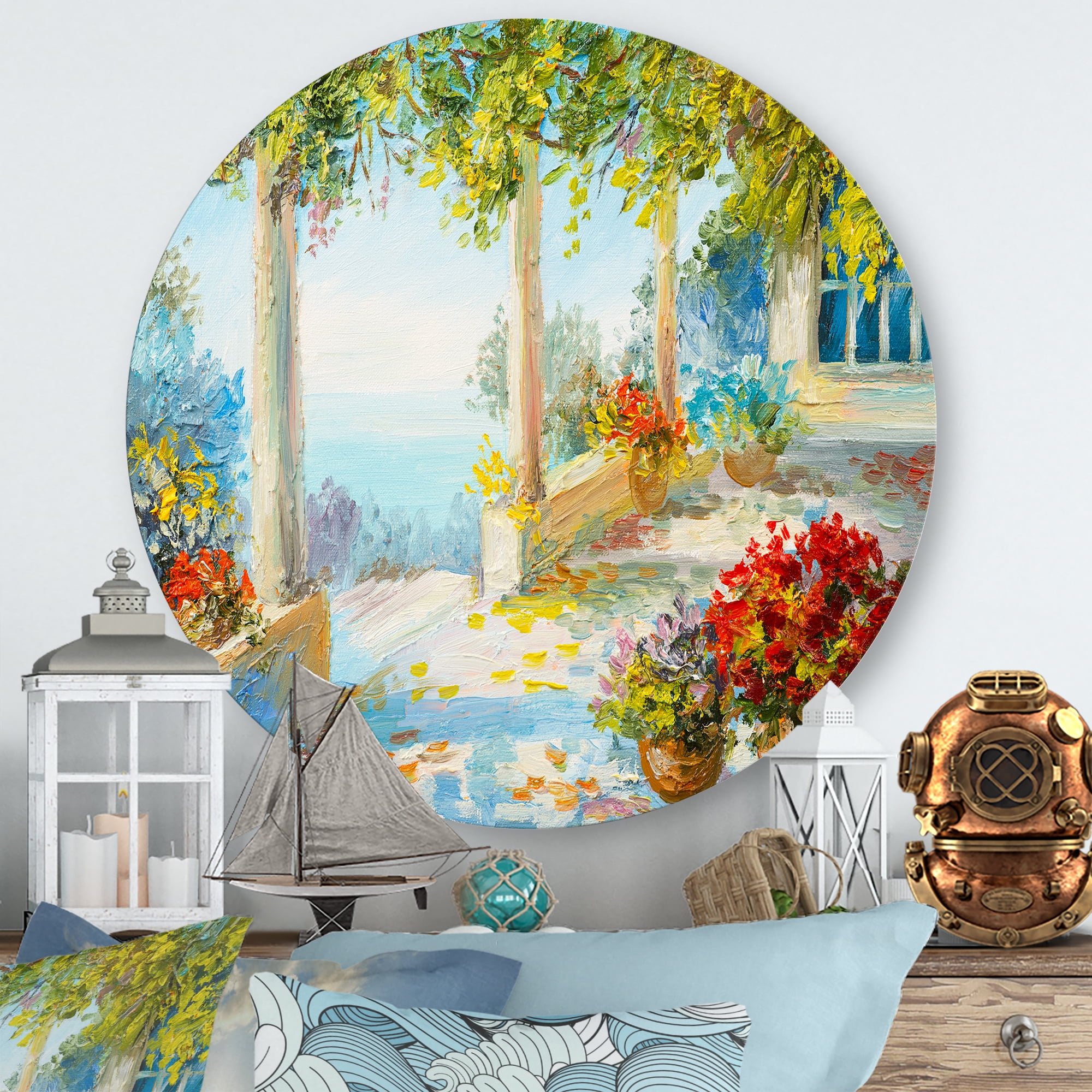 Designart 'Terrace With Red Flowers Near The Sea' Nautical & Coastal Circle Metal Wall Art 23x23 - Disc of 23