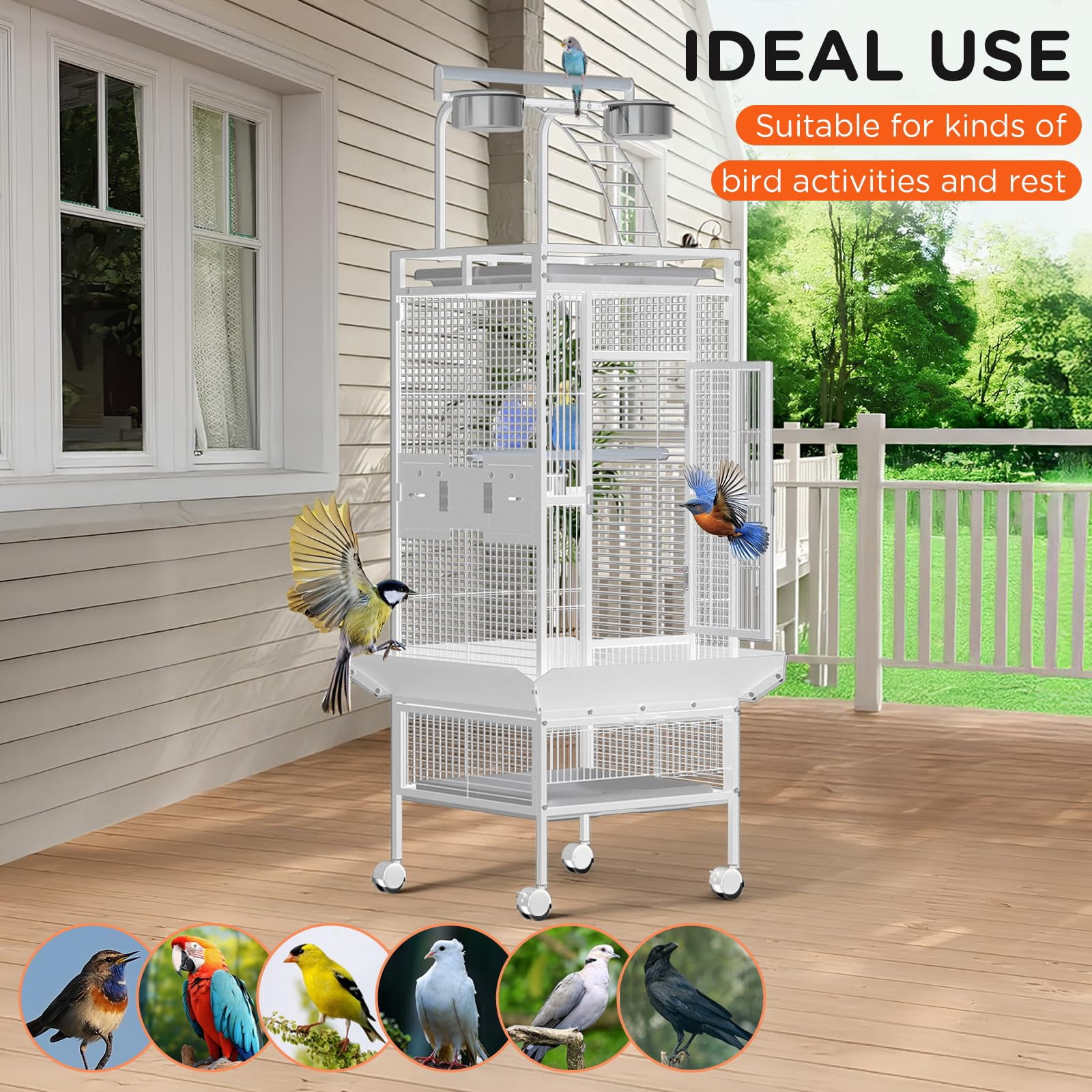 Large 60" Wrought Iron Bird Flight Cage with Rolling Stand & Play Top – Heavy Duty Parrot Cage with 4 Stainless Steel Bowls for African Grey, Cockatiel, Conure, Parakeet, White