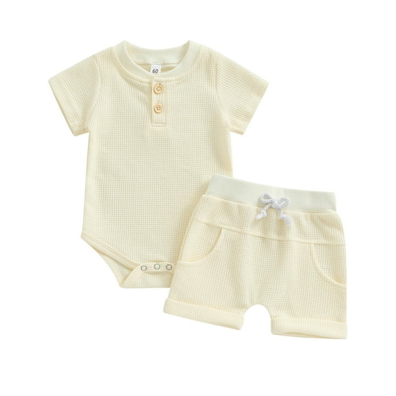 Musuos Baby Boys Summer Casual Shorts Sets 3M 6M 9M 12M Solid Color Short Sleeve Button Up Waffle Romper and Drawstring Shorts Sets