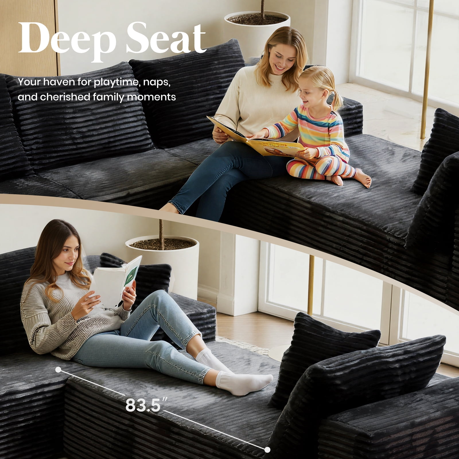 Kelyda 139'' U Shaped Sectional Couches, Modern Modular Boneless 8 Seater Large Foam Cloud Sofa Black