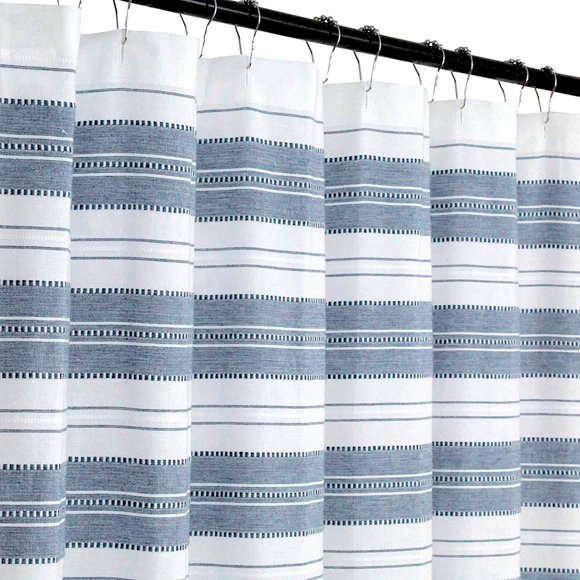 Serafina Home Nautical Striped Blue and White Fabric Shower Curtain: Chambray Cotton Luxury Hotel Detailed Eyelet Decorative Weave for Bathroom 72" x 72" (Denim Navy)