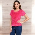 thumbnail image 2 of Women's Short Sleeve Crew Neck All-Over Sequin Embellished Top Stylish Sparkling Blouse - 2X, Fuschia, 2 of 6