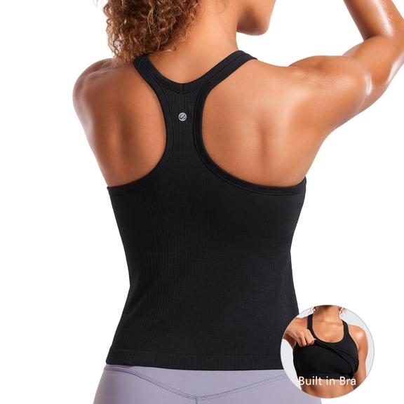 CRZ YOGA Seamless Ribbed Tank Top for Women Workout Racerback Padded Athletic Camisole with Built in Bra