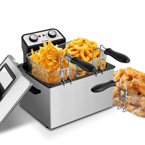 SUSLAS Deep Fryer, 1800W Electric Fryer with 3 Baskets, Timer and Temperature Control, Stainless Steel Home Kitchen Deep Fryer, 5.3 QT
