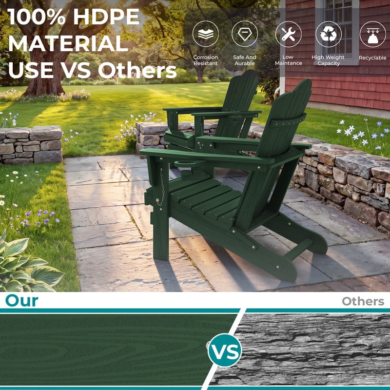 RIAFUN Outdoor Patio chair, Folding HDPE Resin Adirondack Chair with Double Cup Holder, Dark Green