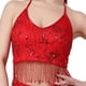 thumbnail image 4 of Top corto con borlas para danza del vientre, para fiesta, disfraz, lentejuelas, ajustable, con purpurina, para mujer Rojo, 4 of 7