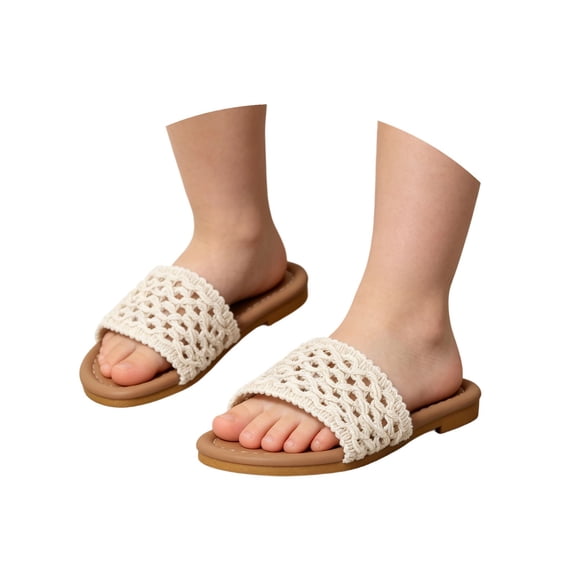 SGMVNU Girls Braid Strap Sandals Open Toe on Flat Dress Shoes Little/Big Kids Slides Summer Beach Boho Sandals, Size 11-11.5 Years, Beige-1