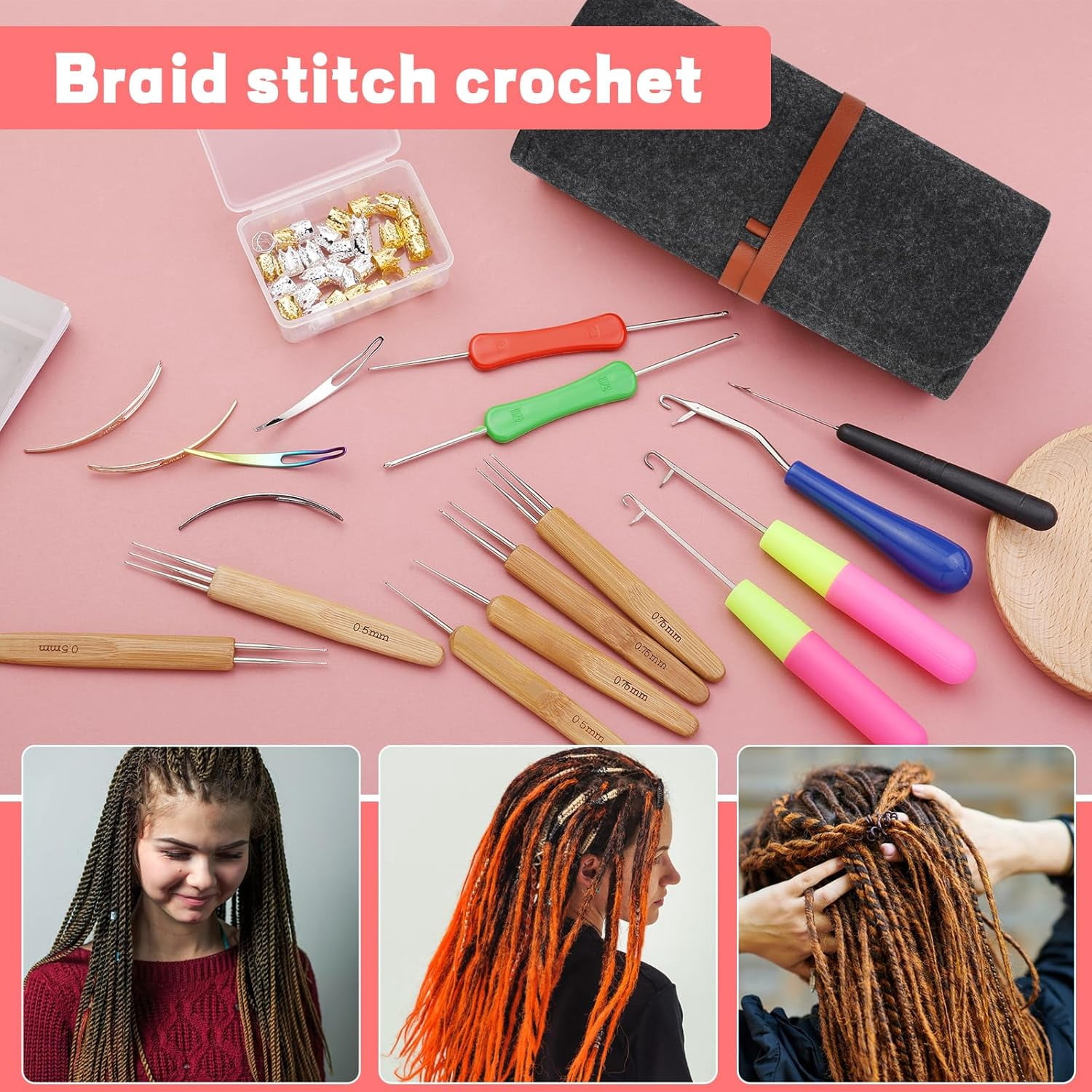Dreadlock Crochet Hook, 48 Pcs Dreadlock Crochet Hook Tool, 6 Dreadlock Crochet Needle, Different Size Bent Latch Hook, Crochet Needle for Hair Braiding with Case and Dreadlocks Tool