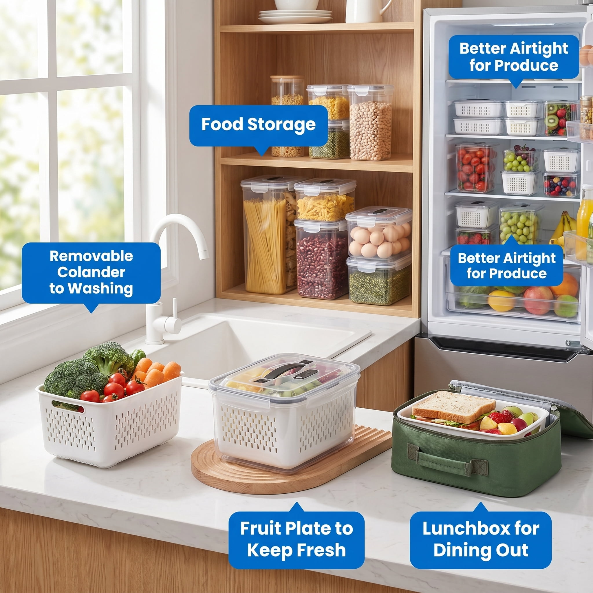 5-Pack Large Refrigerator Fruit Storage Containers with Handles, Leakproof Produce Saver with Removable Drain Colander