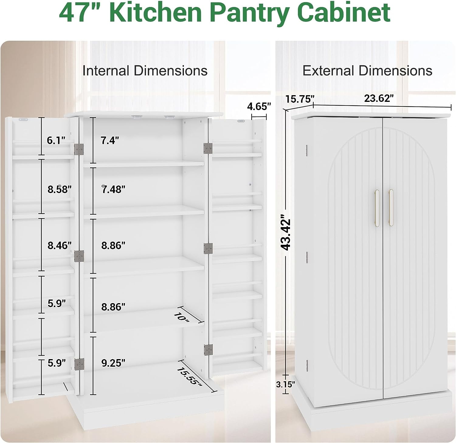 47” Kitchen Pantry Cabinets, Freestanding Kitchen Pantry Storage Cabinet with Doors and Adjustable Shelves, Buffet Cupboards Storage Cabinet for Home Office Use, White