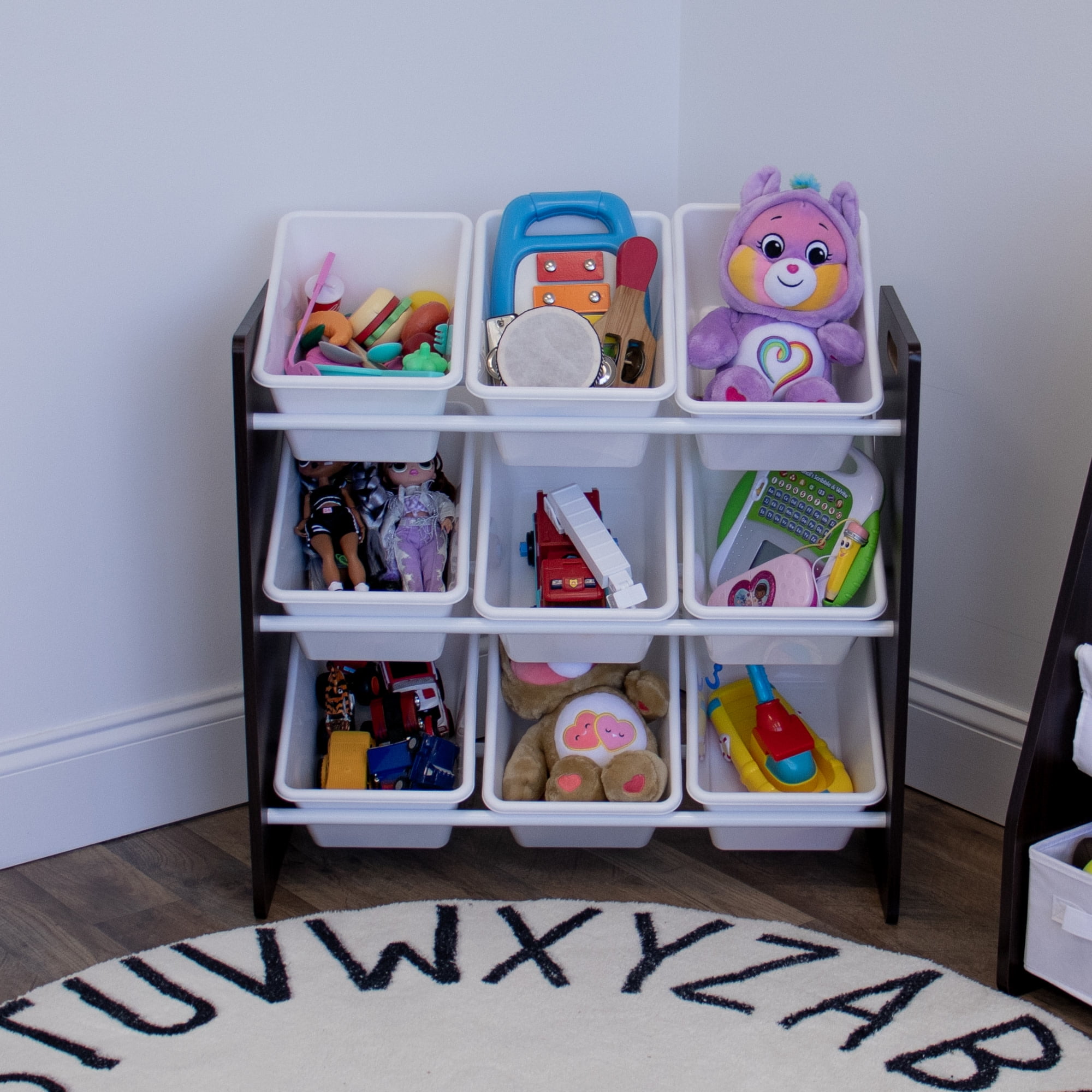 Humble Crew Espresso Toy Storage Organizer with 9 Plastic Storage Bins, Espresso/White