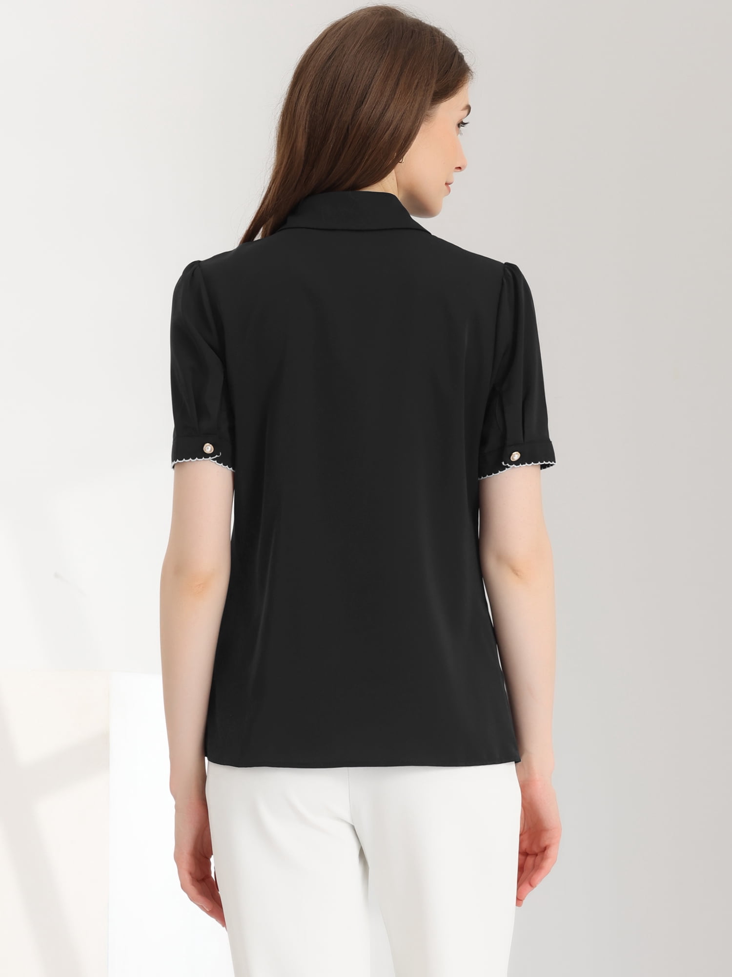 DARING DIVA Women's Button Down Collared Contrast Trim Puff Sleeve Blouse M Black
