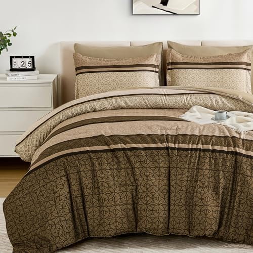 WONGS BEDDING 7 Pieces Comforter Set Queen Size, Brown Striped Bed in a Bag Comforter and Sheet Set, Bohemian Soft Lightweight Micorfiber Bedding Set for All Season (90"×90")