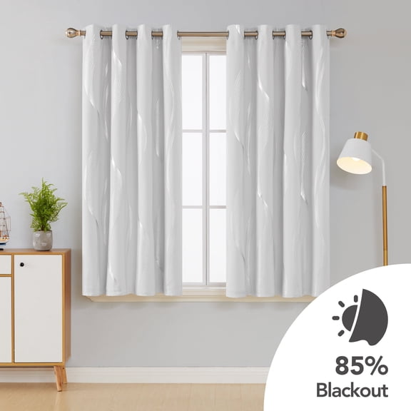 Deconovo Silver Wave Line Foil Printed Blackout Curtains Grommet Panels with 52x54 inch 1 Pair Greyish White
