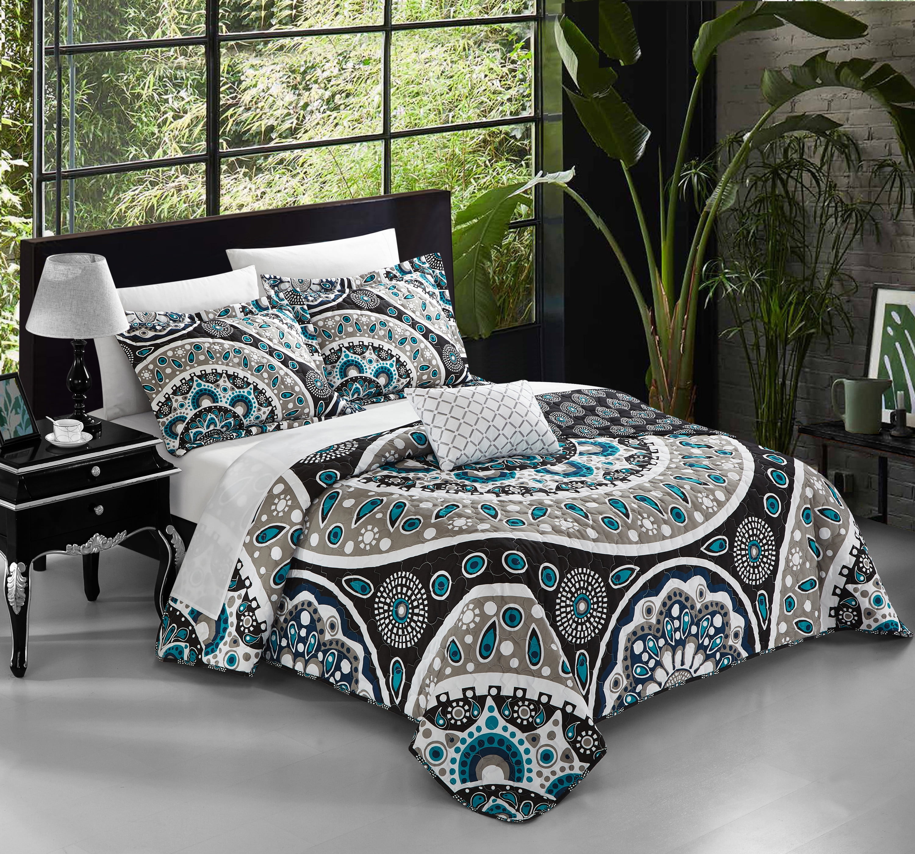 Details about   7-Piece Comforter Set with Black Grey Damask Pattern 