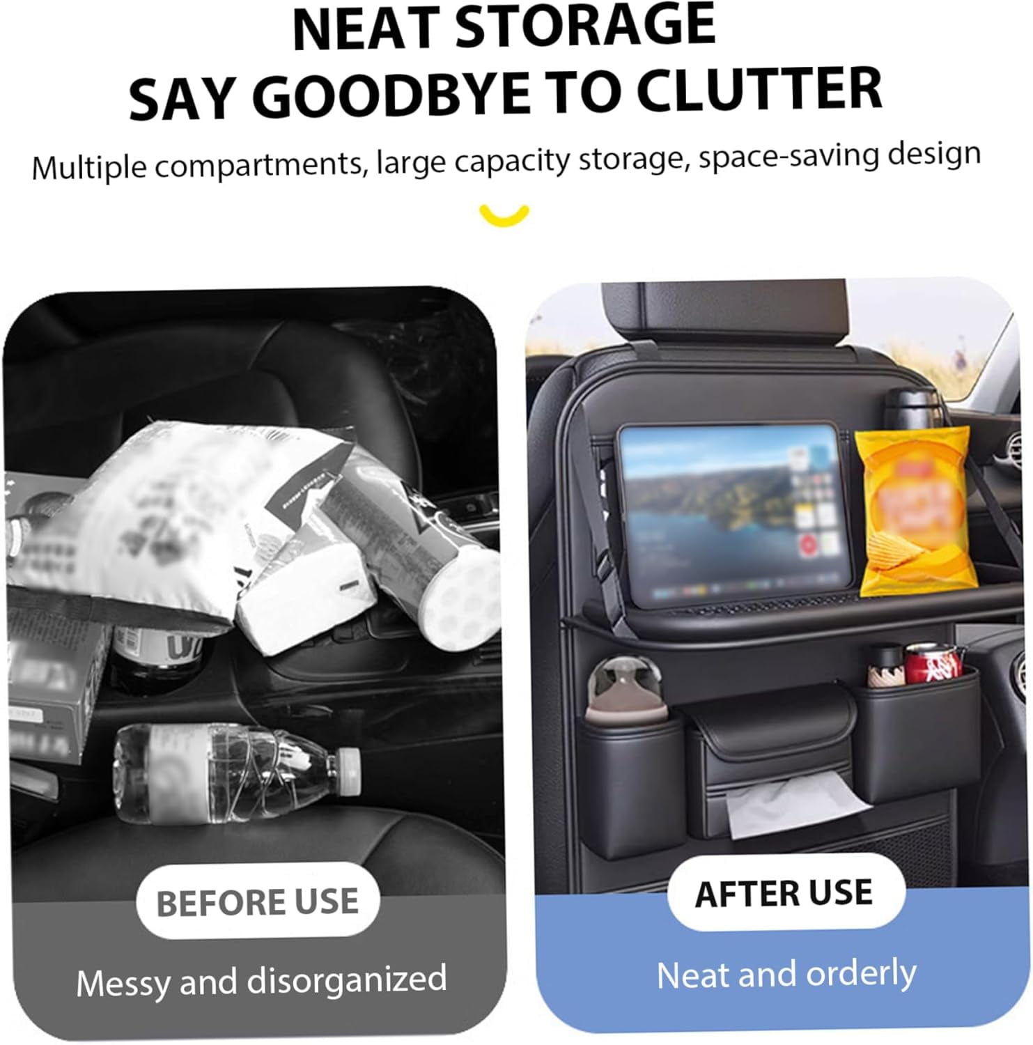 Car Seat Organizer for Backseat - Leather Seat Back Protector with Foldable Tray, Tablet Holder & Kick Mats, Multi-Function Travel Storage Organizer for Kids, Family, SUVs, Trucks and Minivans P