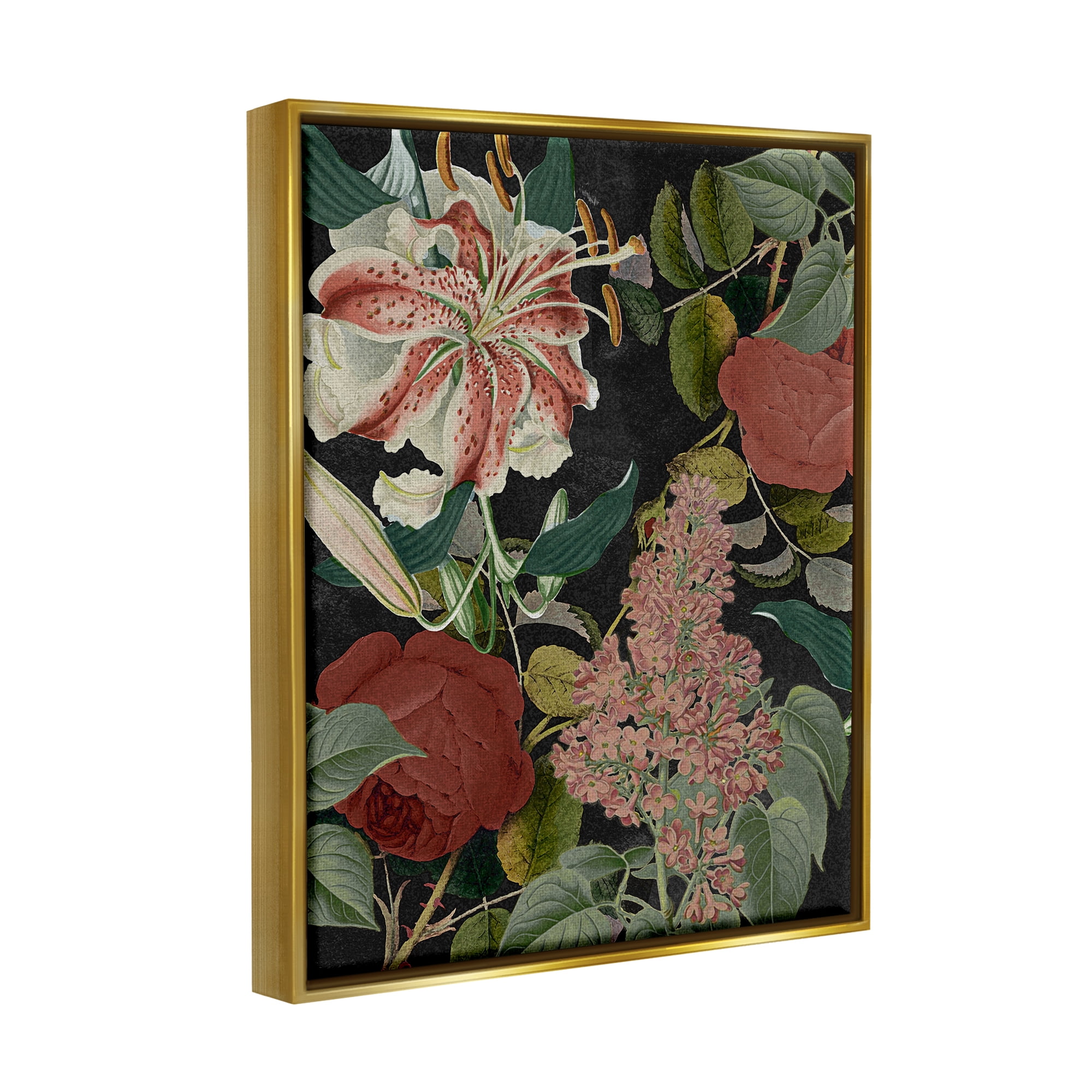 Stupell Industries Tropical Bohemian Floral Illustration Green Red Metallic Gold Framed Floating Canvas Wall Art, 16x20, by Daphne Polselli