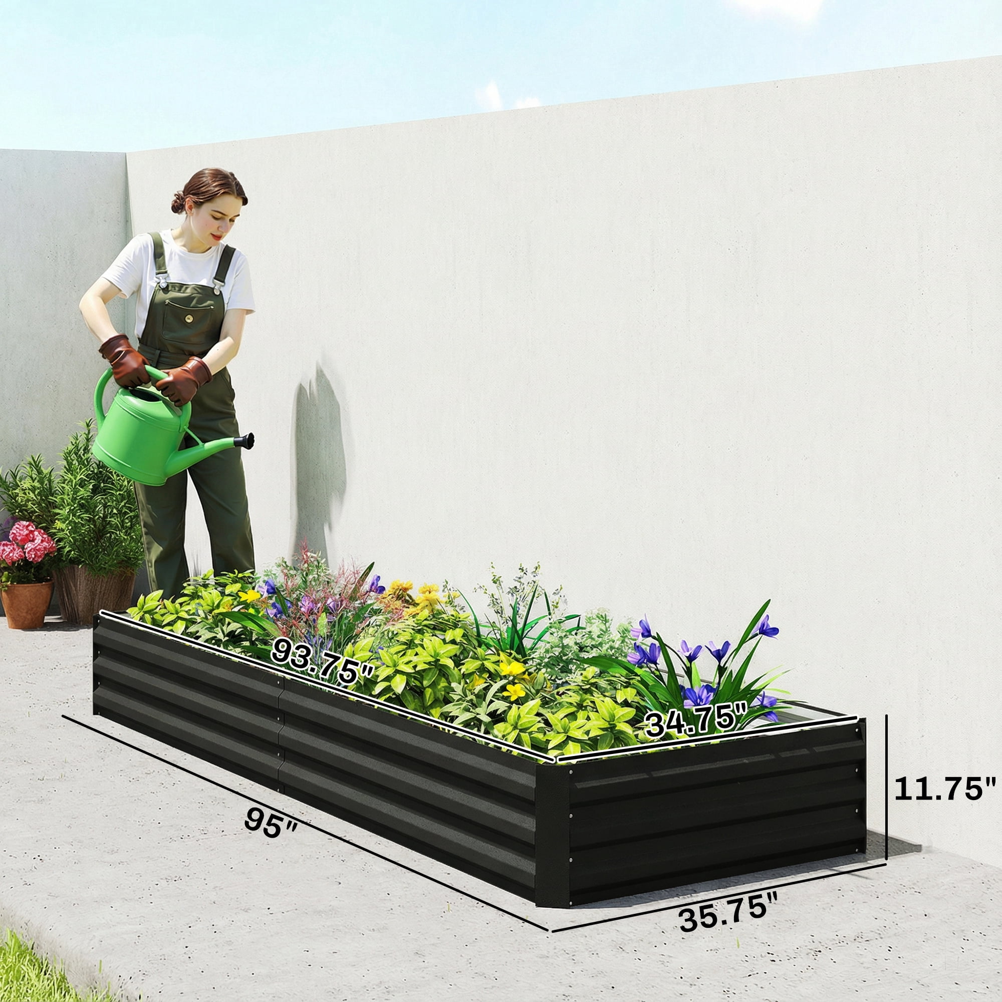 Outsunny 95" x 36" x 12" Galvanized Raised Garden Bed, Metal Elevated Planter Box, Easy DIY and Cleaning for Growing Flowers, Herbs, Black