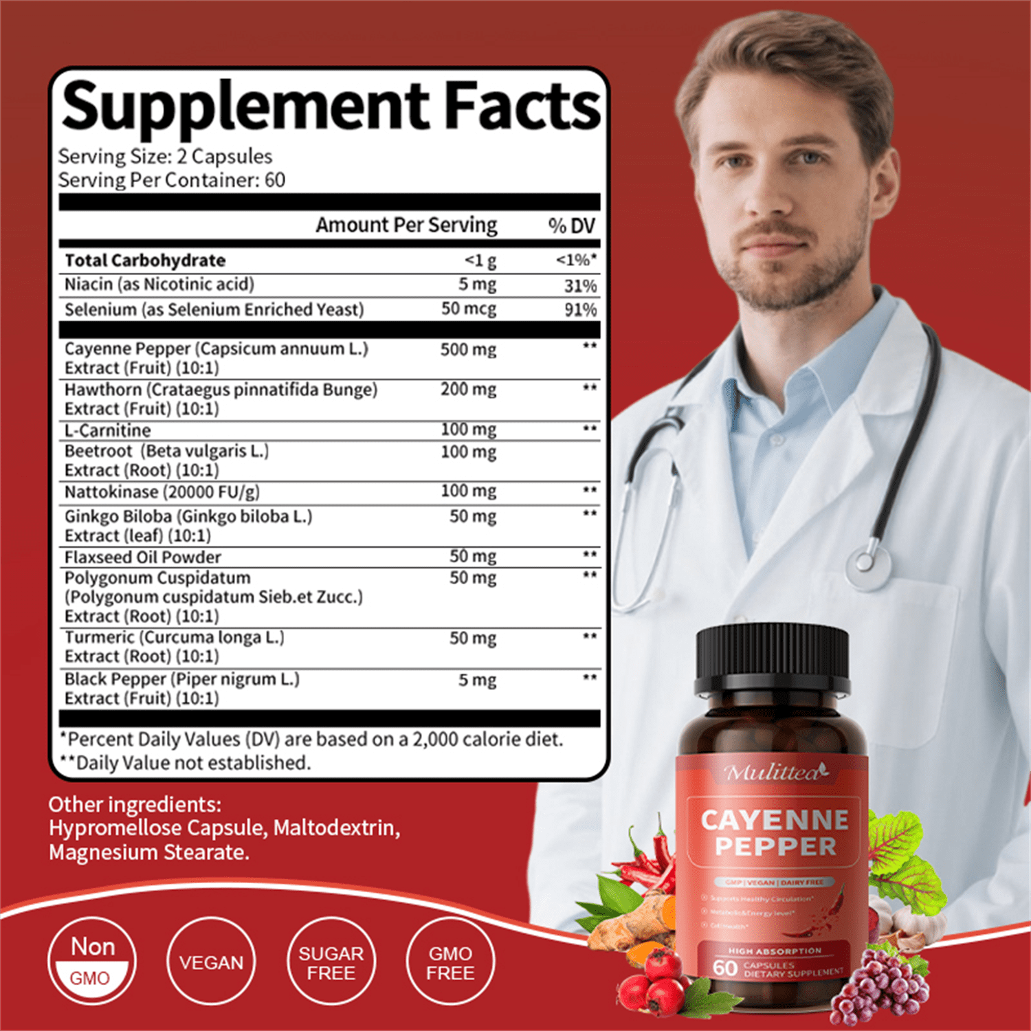 (2 Pack)Advanced Heart & Blood Flow Support | 12-in-1 Formula with Nattokinase 20,000FU, Hawthorn, Cayenne Pepper | Non-GMO Vegan Capsules By Mulittea