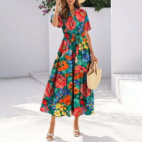 Vetsdori Short Sleeve Maxi Dresses for Junior Holiday Sundress Summer Floral Print Beach Tunic,Lightweight V-Neck Womens Dress Party