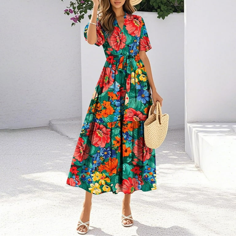 Abomasnow Women's Summer Maxi Dress 2025 Resort Wear Boho Floral V Neck Short Sleeve Ruffle Flowy Beach Long Dresses with Belt, Size: Medium Abomasnow Women's Summer Maxi Dress 2025 Resort Wear Boho Floral V Neck Short Sleeve Ruffle Flowy Beach Long Dresses with Belt, Size: Medium