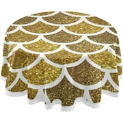 SKYSONIC 60" Mermaid Scales Round Tablecloth Golden White Glow Table Cloth Cover Mat Washable Polyester Home Decorative for Dining Wedding Holiday Party