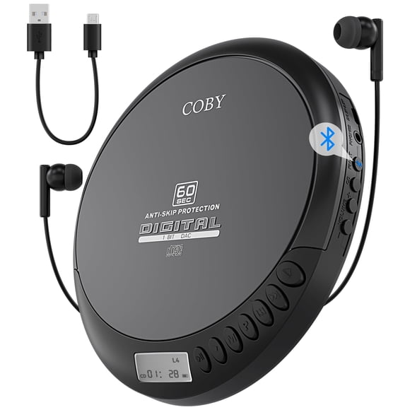 Coby Portable Bluetooth CD Player with FM Radio & Headphones, Rechargeable Anti-Skip Discman with MP3 Playback, AUX Input, Super Bass, Compact Retro