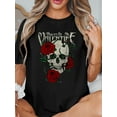 thumbnail image 1 of Halloween T-Shirt - Women's Casual Short Sleeve Round Neck T-Shirt - Bullet to My Valentine Graphic Print with Skull & Roses Design, Black & Red/Green Contrast, Machine Washable, Edgy Feminin, 1 of 6