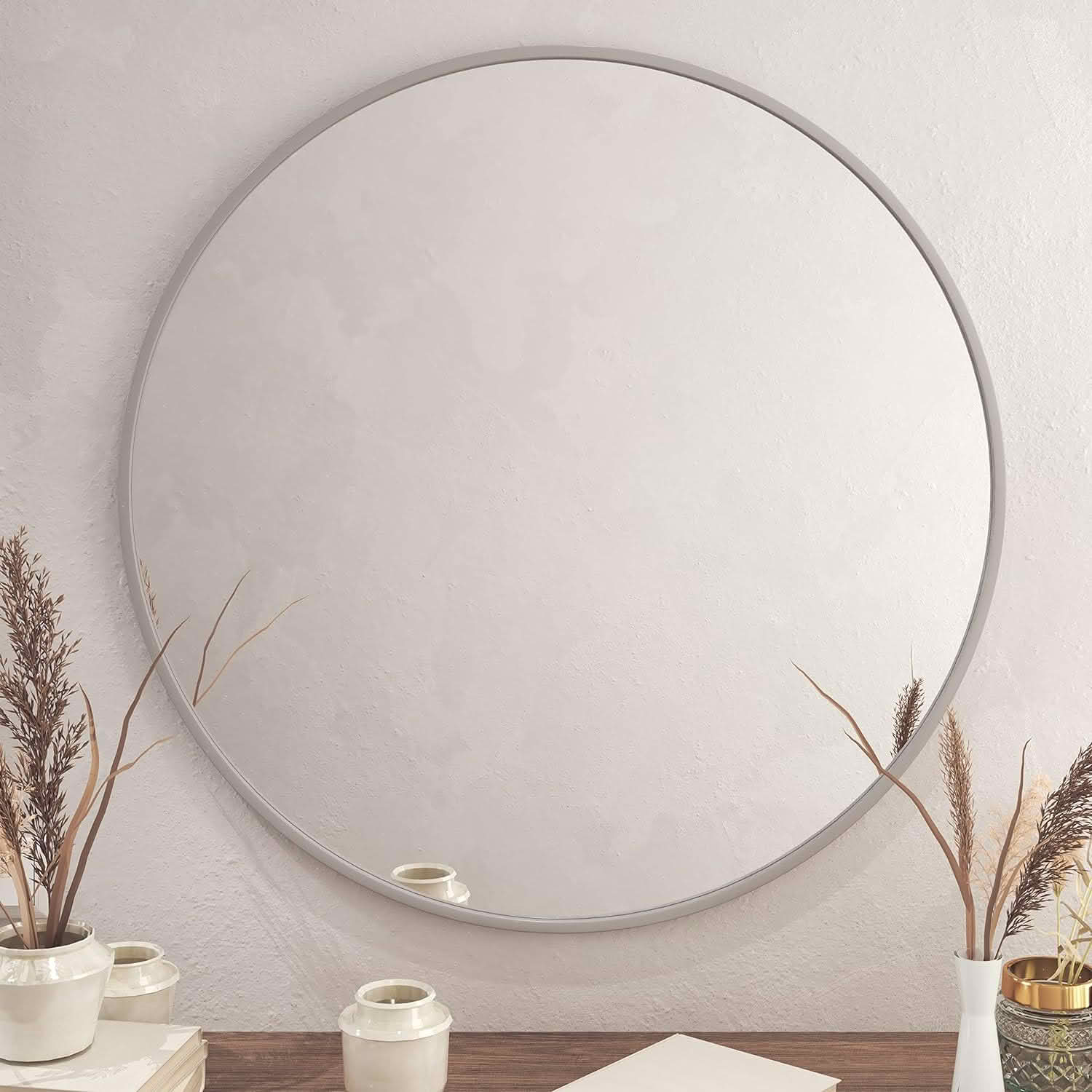 MAYEERTY 36 Inch Silver Metal Framed Round Bathroom Wall Mirror, for Home Bathroom Vanity