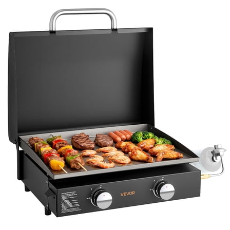 VEVOR Gas Griddle, 2 Burner Tabletop Griddle, 22 inch Portable Griddles Propane with Lid, Oil Drain Hole & Oil Collection Tray, 2 x 11000BTU Camping Flat Top Grill for Outdoor Cooking, Tailgating